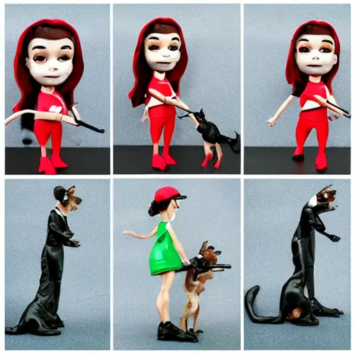 Image similar to audrey hepburn cos play walking 5 small dogs, stop motion vinyl action figure, plastic, toy, butcher billy style