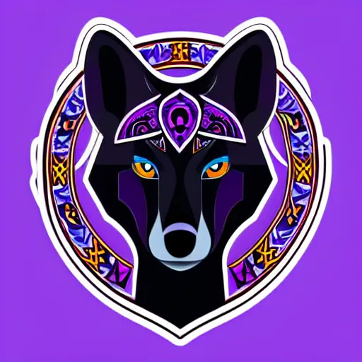 Image similar to coat of arms depicting a black wolf with blue eyes on purple background, art by ori toor, sticker, colourful, illustration, highly detailed, simple, smooth and clean vector curves, no jagged lines, vector art, smooth