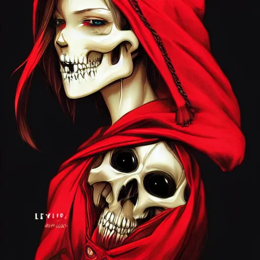 Image similar to anime manga skull portrait young woman skeleton, profile, red riding hood, unreal engine, Disney, intricate, elegant, highly detailed, digital art, art by JC Leyendecker and sachin teng