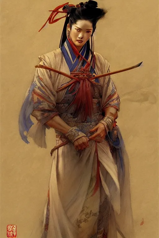 Prompt: wuxia, character design, ancient china, colorful, painting by gaston bussiere, craig mullins, j. c. leyendecker, tom of finland