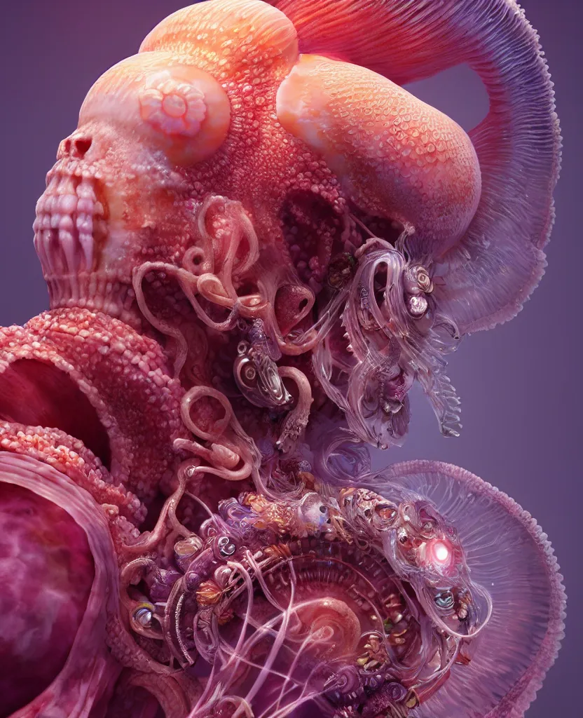 Image similar to goddess close-up portrait ram skull. jellyfish phoenix head, nautilus, orchid, skull, betta fish, bioluminiscent creatures, intricate artwork by Tooth Wu and wlop and beeple. octane render, trending on artstation, greg rutkowski very coherent symmetrical artwork. cinematic, hyper realism, high detail, octane render, 8k