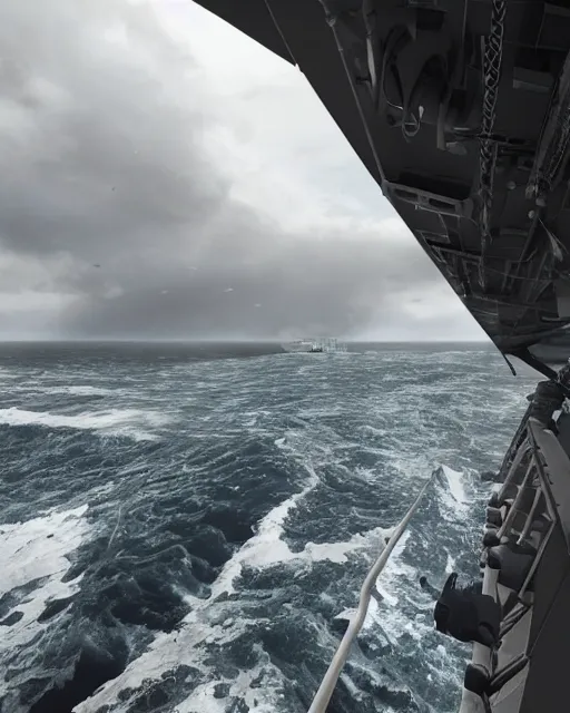 Image similar to view from an aircraft carrier of stormy seas, stormy weather, unreal engine, hyper realism, realistic shading, cinematic composition, realistic render, octane render, detailed textures, photorealistic, ultrawide shot, 16mm lens