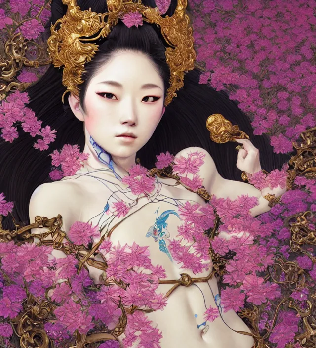 Image similar to baroque portrait of one yakusa biomechanic android geisha with tattoos is lying down in a river made of thousand of flowers, backlighting, photorealistic, octane render, 8 k, depth of field, art by artgerm and greg rutkowski and alphonse mucha and uang guangjian