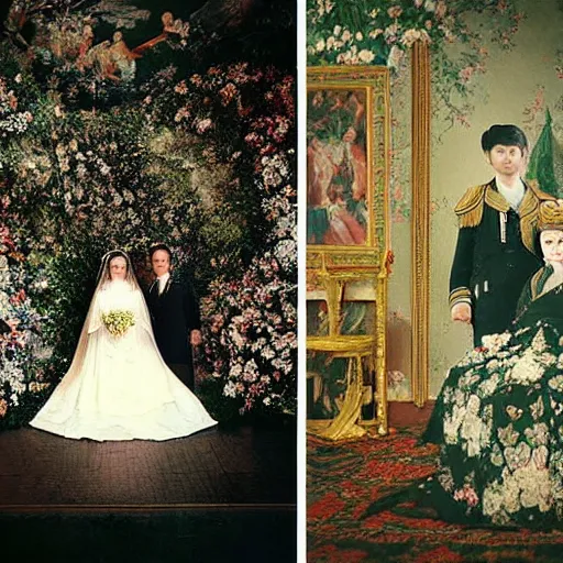 Prompt: A Russian and Japanese mix historical fantasy of a photograph portrait taken of inside a royal wedding floral covered isle inspired by a enchanted ethereal forest, 1907 photo from the official wedding photographer for the royal wedding.