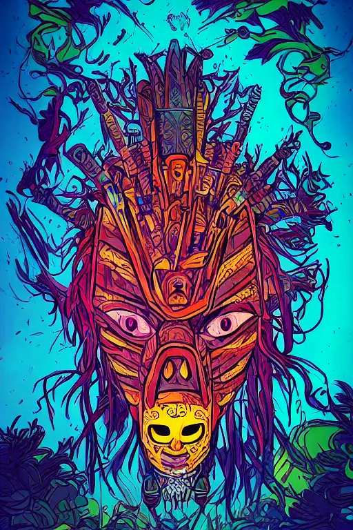 Image similar to totem animal tribal chaman vodoo mask feather gemstone plant wood rock video game illustration vivid color borderlands by josan gonzales and dan mumford radiating a glowing aura