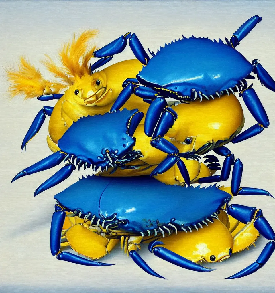 Prompt: still life painting of a blue fat fish crab lobster dancing on a white table with a yellow laughing duck rabbit on a white table, high contrast lighting, impressionism, real fur, real feather