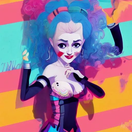 Image similar to julia garner as harley quinn as delirium of the endless, the sandman, rainbow clothes, clean cel shaded vector art. shutterstock. behance hd by lois van baarle, artgerm, helen huang, by makoto shinkai and ilya kuvshinov, rossdraws, illustration