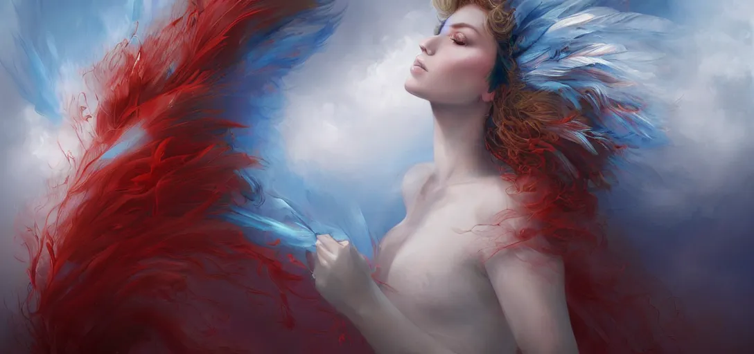 Image similar to a painting of a woman who made of curly and transparent feathers and cloud with red edges is holding a sword, a digital painting by charlie bowater, made of many translucent layers of blue feathers and cloud, metaphysical painting, speedpainting, digital painting, holographic undertones, highly saturated colors, 4 k, glossy eyes, concept art, trending on artstation