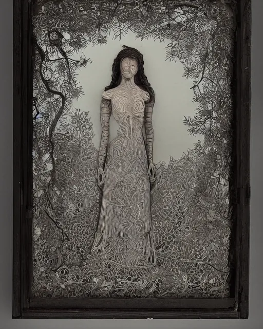 Image similar to a woman standing by the sea, made of intricate decorative lace leaf skeleton, in the style of the dutch masters and gregory crewdson, dark and moody