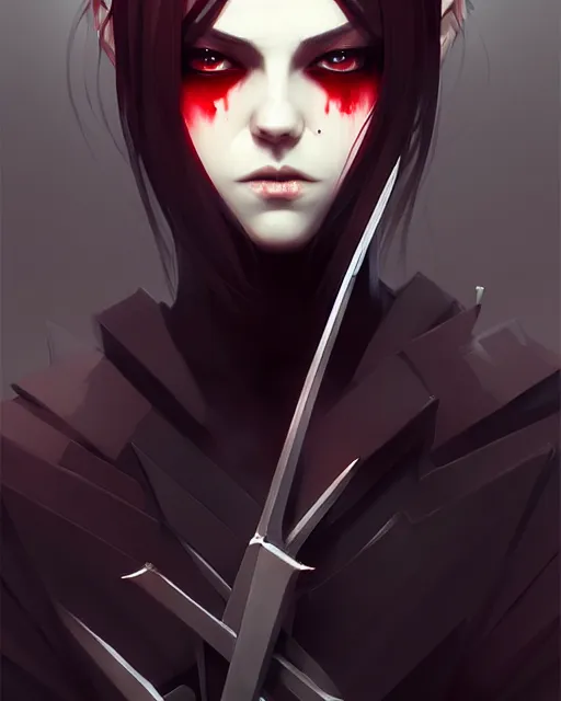 Image similar to sharp hq rendering, dark vampire, character portrait, concept art, painterly, fanart, highly detailed in the style of wlop by ilya kuvshinov, wenjun lin, angular asymmetrical design