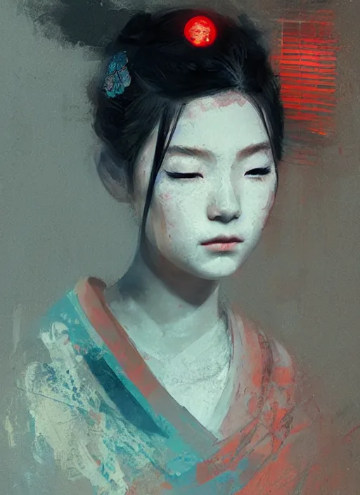 Image similar to female geisha girl, beautiful face, neon, rule of thirds, intricate outfit, spotlight, by greg rutkowski, by jeremy mann, digital painting