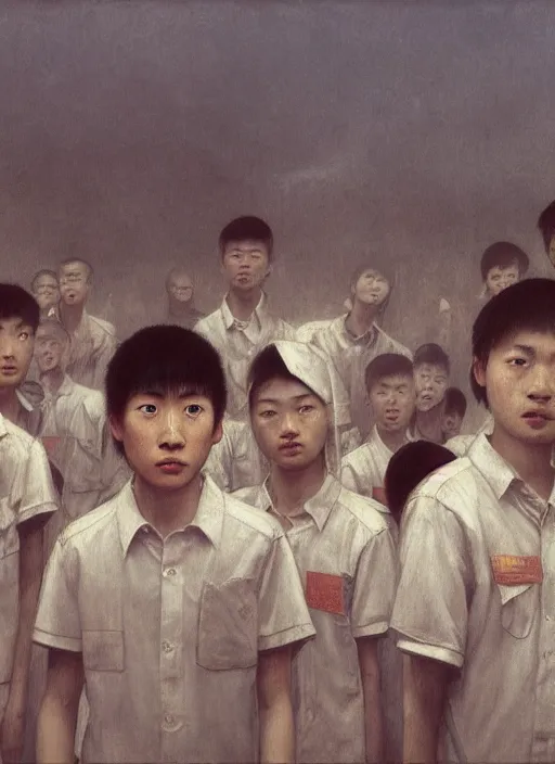 Image similar to low angle shot, wide lens of group of young asian student with white uniform looking at the camera, octane render, photorealism, by waterhouse, highly detailed, high quality, by beksinski, 8 k, haunting, by millaise