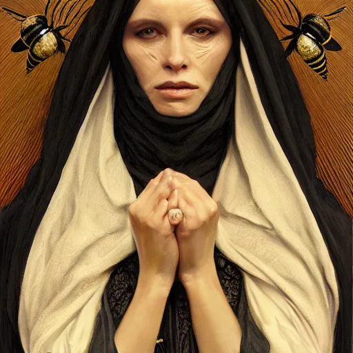 Prompt: portrait, female bene gesserit, bee keeper, dark clothes, veiled face, hidden face, d & d, fantasy, intricate, elegant, highly detailed, digital painting, artstation, concept art, matte, sharp focus, illustration, art by artgerm and greg rutkowski and alphonse mucha