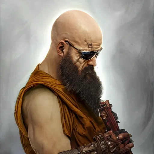 Image similar to Heisenberg as Kratos, highly detailed, digital painting, artstation, concept art, smooth, sharp focus, illustration, ArtStation, art by artgerm and greg rutkowski and alphonse mucha and J. C. Leyendecker and Edmund Blair Leighton and Katsuhiro Otomo and Geof Darrow and Phil hale and Ashley wood and Ilya repin and Charlie Bowater
