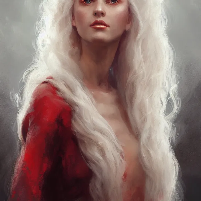 Prompt: a realistic detail portrait of a beautiful female angle has white hair in middle - earth, magic, dragon, oil painting by julian calle, wlop, greg rutkowski, finnian macmanus, syd mead trending on artstation, red and yellow scheme, 8 k, unreal engine, wide - angle lens