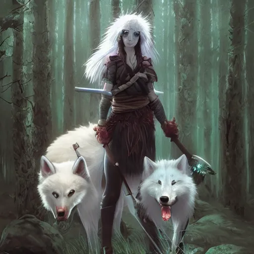 Prompt: Princess Mononoke holding a spear, standing next to Moro the white wolf, in a dark forest at night, bioluminescent plants surround the scene, portrait by loish and WLOP, octane render, dark fantasy, smooth, sharp focus, highly detailed, trending on ArtStation