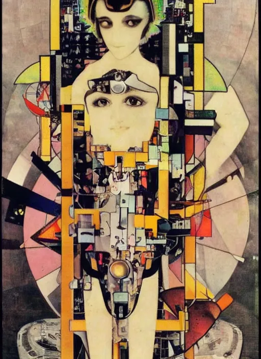 Image similar to cute punk goth fashion fractal mecha blonde girl wearing a television tube helmet and kimono made of circuits and leds, Techno surreal Dada collage by Man Ray Kurt Schwitters Hannah Höch Alphonse Mucha Beeple