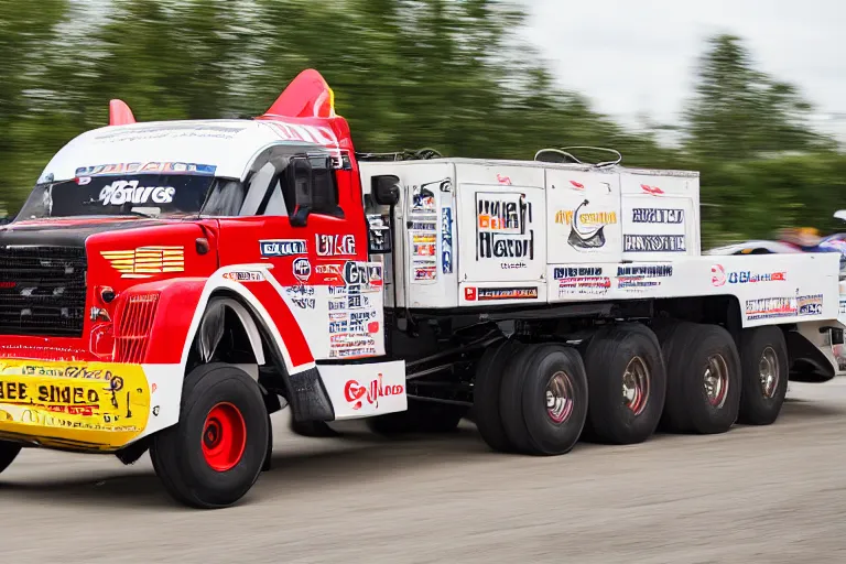 Prompt: racing truck made out of cigarettes, 55mm f/11 , race photography,