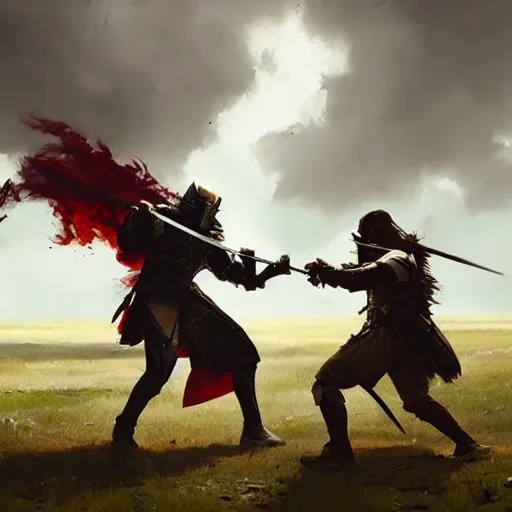 Image similar to A fierce duel between two knights on a battlefield, by Greg Rutkowski, cinematic