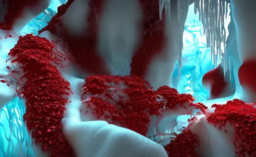 Prompt: liquid nitrogen and red water-cooling coolant flowing through latent representations of ice caverns by centrifugal forces, vegetation!, computer circuitry sticking out the walls!!!!!, high detail, high contrast!, low-poly elements!!!, trending on artstation, octane render, subsurface scattering, 4k