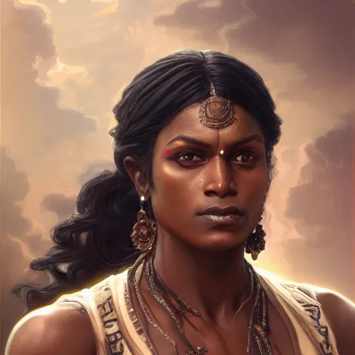 Image similar to portrait painting of a black muscular south indian woman, sari, ultra realistic, concept art, intricate details, eerie, horror, highly detailed, photorealistic, octane render, 8 k, unreal engine. art by artgerm and greg rutkowski and alphonse mucha