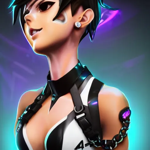 Image similar to full body digital artwork of tracer overwatch, wearing black iridescent rainbow latex tank top, 4 k, expressive happy smug expression, makeup, in style of mark arian, wearing detailed black leather collar, chains, black leather harness, leather cuffs around wrists, detailed face and eyes,