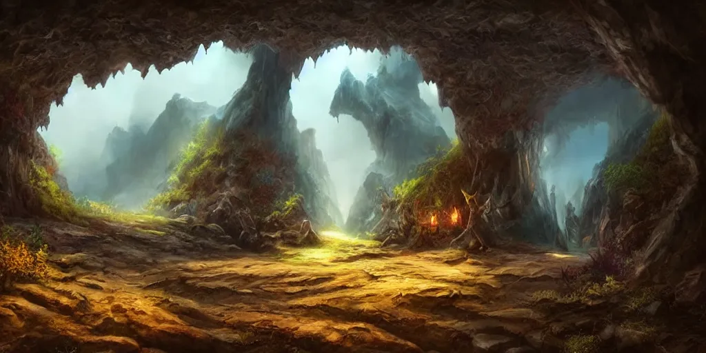 Image similar to beautiful matte painting of a fantasy cave entrance