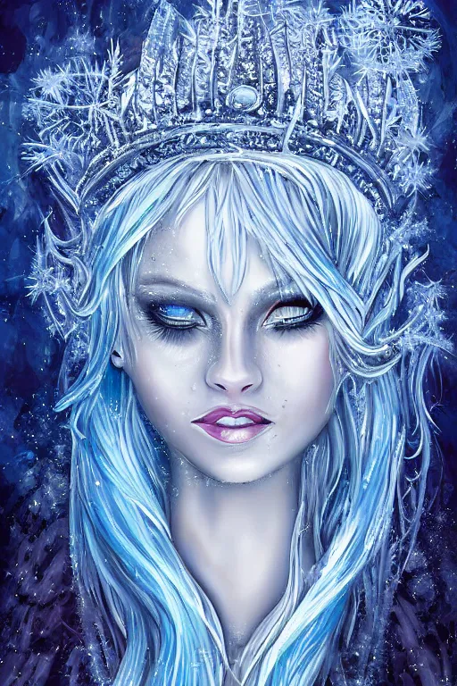 Prompt: an ice queen covered in ice crystals in the style of andrei martin, highly detailed,