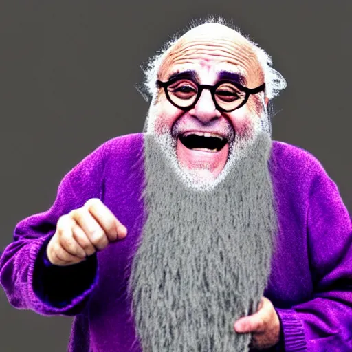Image similar to danny devito as an old druid wizard, bald, bushy grey eyebrows, long grey hair, disheveled, wise old man, wearing a grey wizard hat, wearing a purple detailed coat, a bushy grey beard, sorcerer, he is a mad old man, laughing and yelling