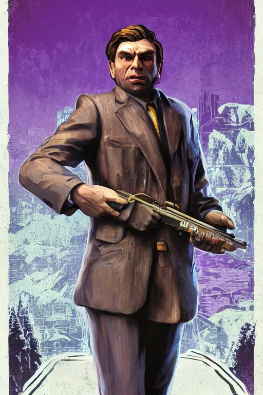 Prompt: saint homo neanderthalis, portrait, with book of science on his right hand, and riffle, violet polsangi pop art, gta chinatown wars art style, bioshock infinite art style, incrinate, dynamic composition, hyperrealistic, two colors, white frame, 4 k, uhd, remove duplicate content, left align content