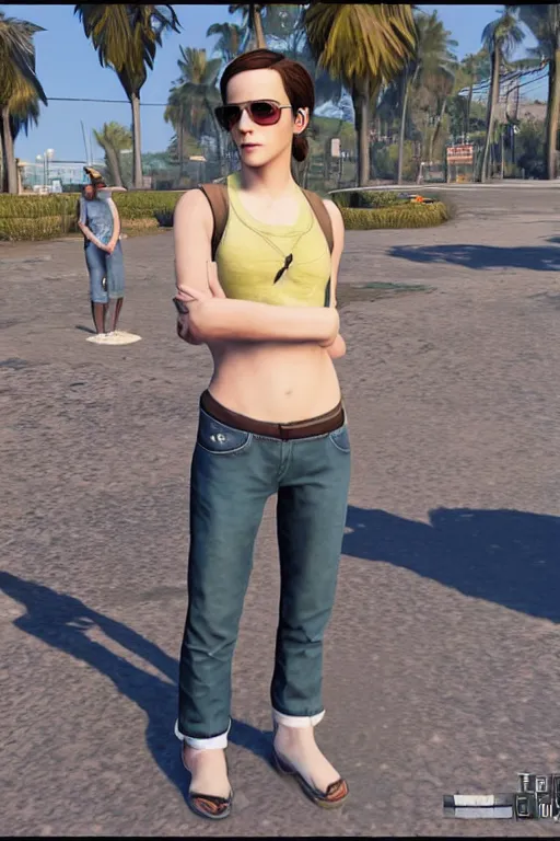 Image similar to Emma Watson as a GTA V NPC in vespucci beach, in game capture. 3D Render.