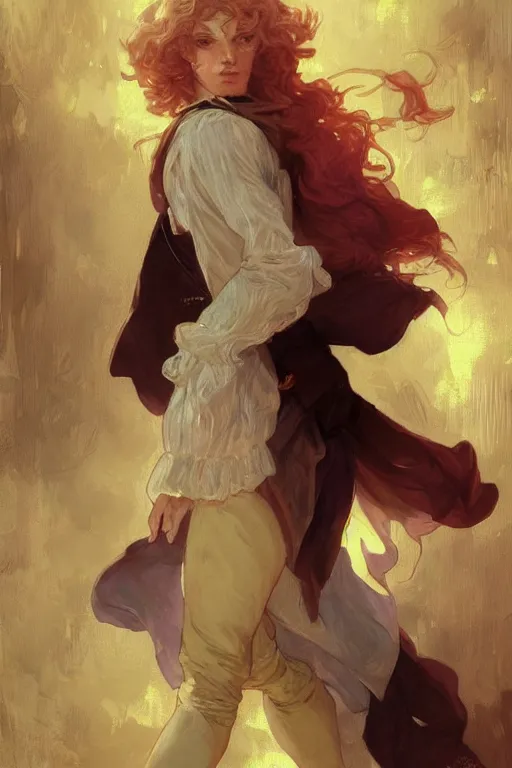 Prompt: enjolras from les miserables, ray of light, shimmering and prismatic, rococo, by krenz cushart and mucha and monet, trending on artstation.