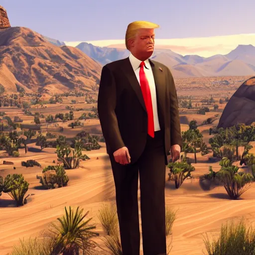 Image similar to Grand Theft Auto V loading screen: Donald Trump wearing a dress in the desert, very detailed, very intricate, elegant,