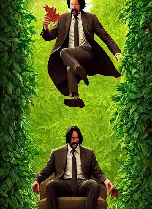 Image similar to highly detailed comedy caper movie poster with silly wacky zany keanu reeves as a sentient pile of leaves, keanu reeves green face as a sentient leafy bush by greg rutkowski, masterpiece, really funny, 1 0 / 1 0 comedy