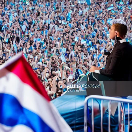 Image similar to Lady Gaga as president, Argentina presidential rally, Argentine flags behind, bokeh, giving a speech, detailed face, Argentina