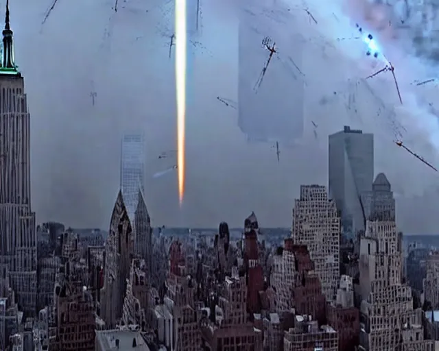 Image similar to [alien invasion] ufo footage spotted at new york city. there is explosions all over the city. 9/11 inspired.