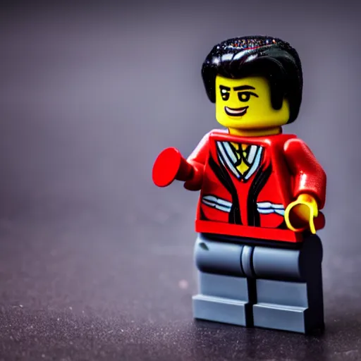 Prompt: macro photograph of a lego minifig of elvis presley