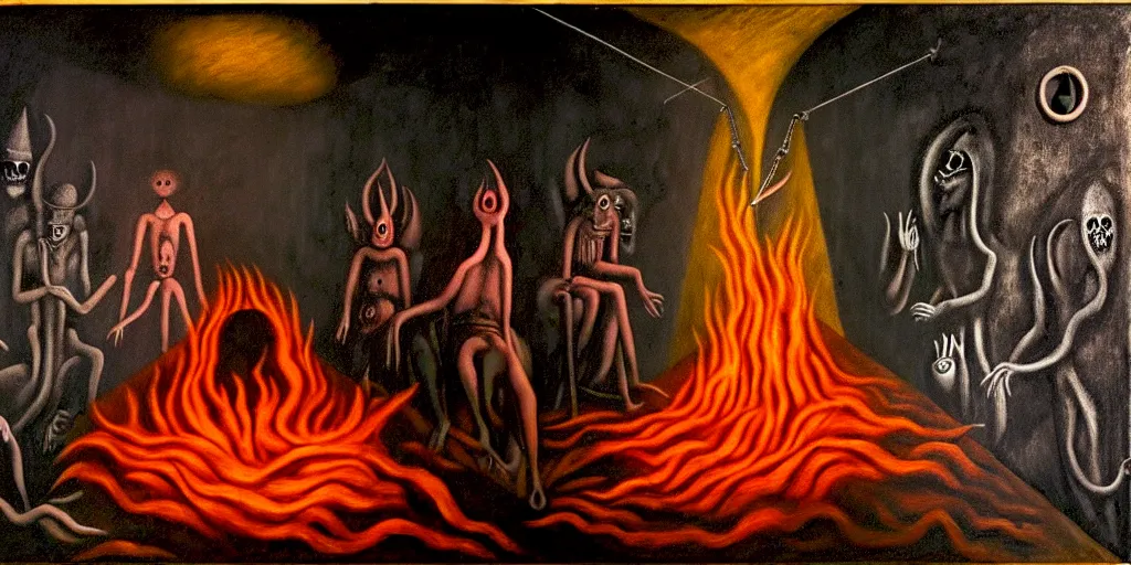 Image similar to trapped on a hedonic treadmill, dark uncanny surreal painting by leonora carrington, dramatic lighting from fire glow, mouth of hell, ixions wheel