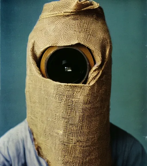 Image similar to person wearing burlap bag over head, vintage technicolor film photo, grainy, high detail, high resolution