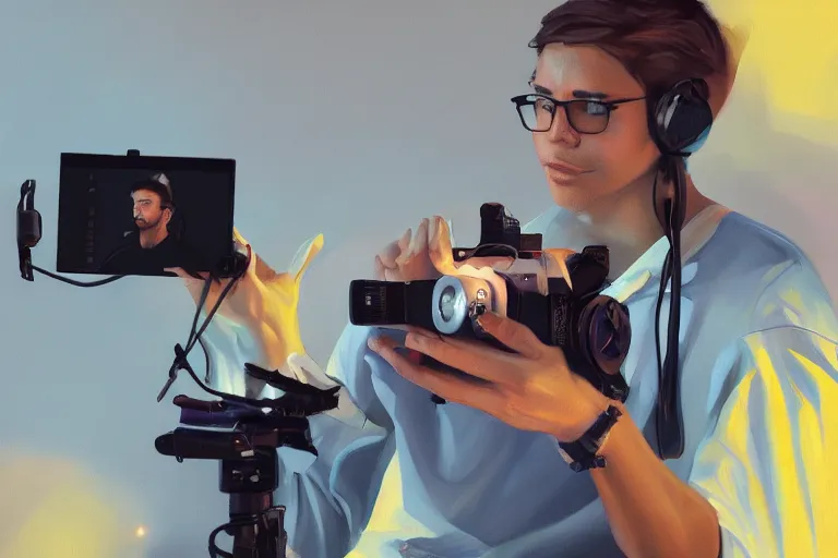 Image similar to a stunning illustration of a content creator recording a video with vlogging equipment, trending on artstation, oil on canvas, hd, 4 k