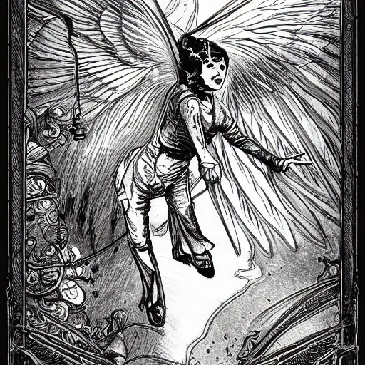 Image similar to precisely drawn illustration o flying harpy, old-fashioned tarot card, victorian playing card, sepia tone, wide angle, sharp, fine details, French comic style, cyberpunk, intense line art, 8k, precise linework, realistic, shaded lighting by katsuhiro otomo ghost-in-the-shell, magali villeneuve, artgerm, rutkowski Jeremy Lipkin and Giuseppe Dangelico Pino and Michael Garmash and Rob Rey and Moebius