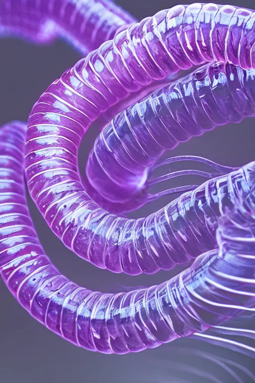 Image similar to high quality close-up photo translucent gelatinous centipede! gorgeous highly detailed hannah yata elson peter cinematic purple lighting high quality low angle hd 8k sharp shallow depth of field