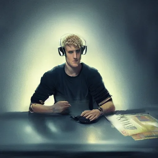 Image similar to Logan Paul giving a podcast On the radio , artstation, Greg rutkowski, cinematic, digital Art