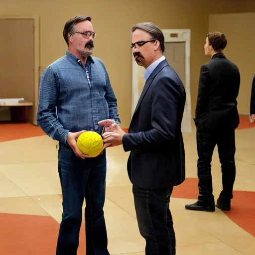 Prompt: vince gilligan holding giving two balls to thomas schnauz