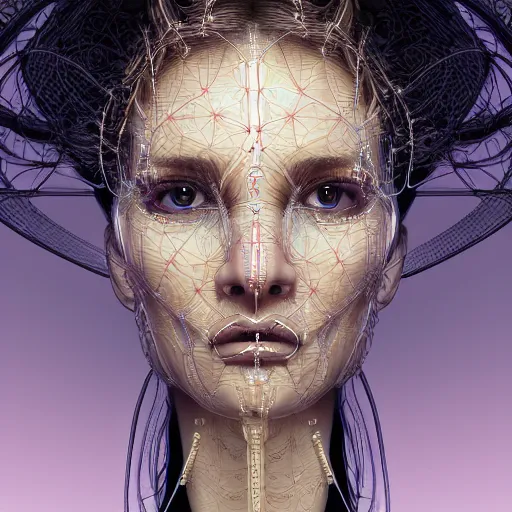 Prompt: very beautiful woman integrating with technology, full face frontal centered, portrait, insipiring, detailed intricate symmetrical ornate neon cables connected to head, very detailed eyes, clear lips, luxurious detailed abundent wiring and implants, porcelain, renaissance, sci - fi, dramatic lighting, photography, highly detailed, artstation, 8 k, by moebius