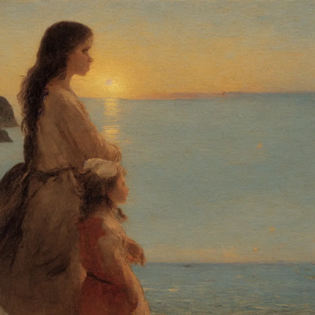 Image similar to close up of a girl on the beach,sunset, atVille Franche sur Mer by Claude Lorraine