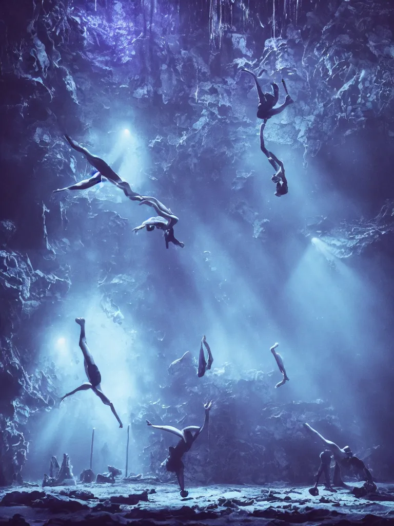 Prompt: a shakespeare stage play, under water, dark blue mist, atmospheric, set design by Michel Crête, Aerial acrobatics design by André Simard, hyperrealistic, 4K, Octane render, unreal engine, psychedelic black light style, Baraka