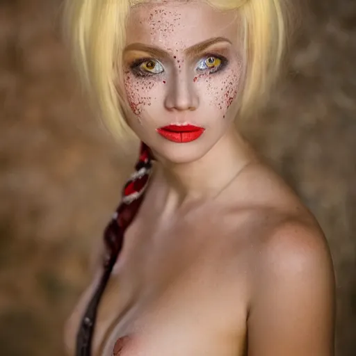 Image similar to an extremely beautiful!!!! young blonde woman with symmetric face. sensual. wearing a cosplay of slave leia in a star wars convention. petzval lens. shallow depth of field. on flickr, award winning. ethnographic portraiture photograph