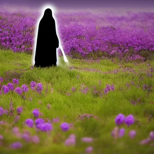 Image similar to grim reaper, purple cloak, full body, scythe