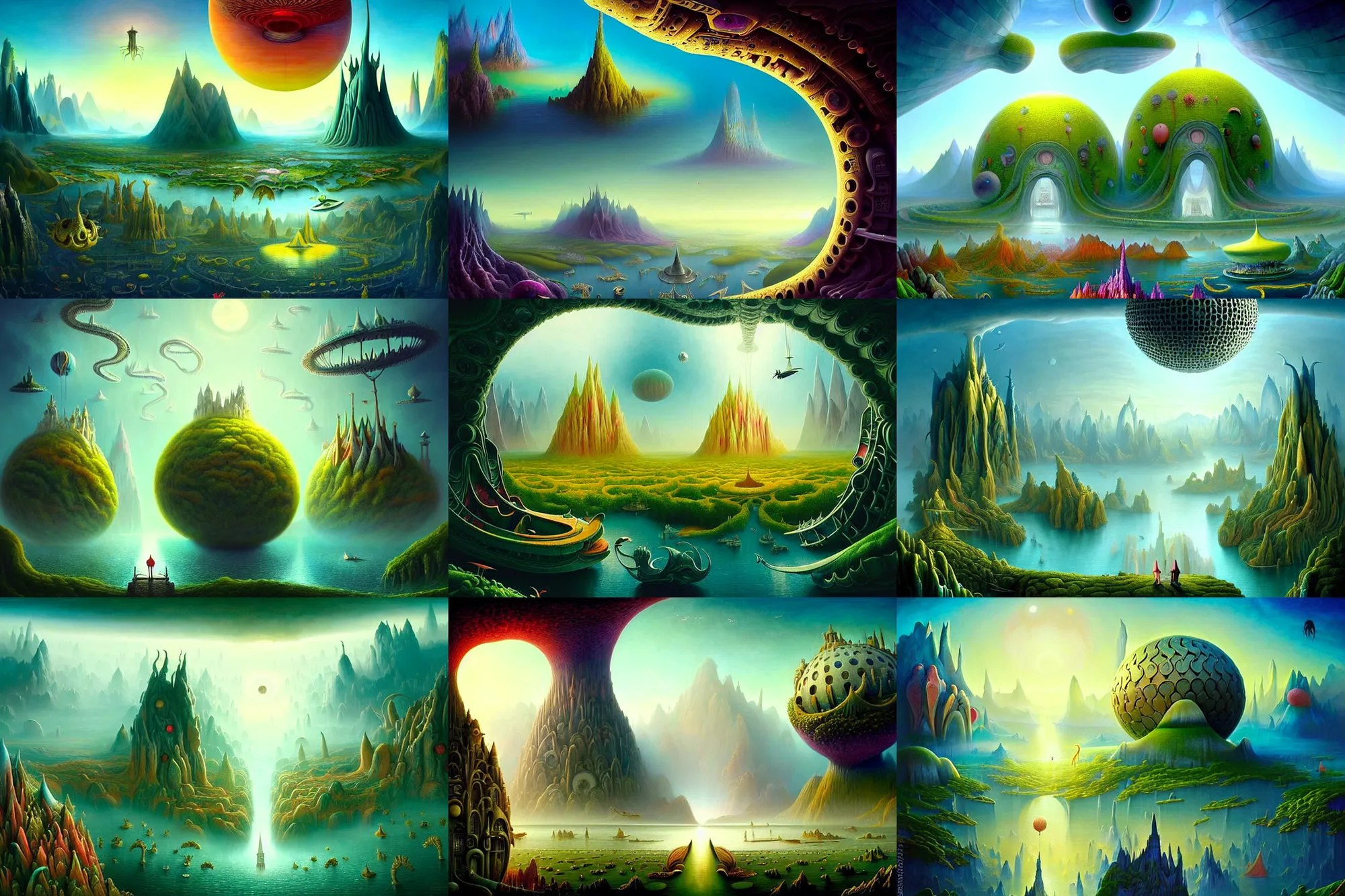 Prompt: a beautiful epic stunning amazing and insanely detailed matte painting of alien dream worlds with surreal architecture designed by Heironymous Bosch, mega structures inspired by Heironymous Bosch's Garden of Earthly Delights, vast surreal landscape and horizon by Asher Durand and Cyril Rolando and Andrew Ferez, rich pastel color palette, masterpiece!!, grand!, imaginative!!!, whimsical!!, epic scale, intricate details, sense of awe, elite, fantasy realism, complex composition, 4k post processing